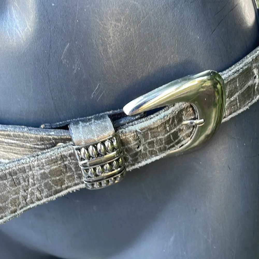 Leatherock bronze, and silver alligator or snake statement, leather belt